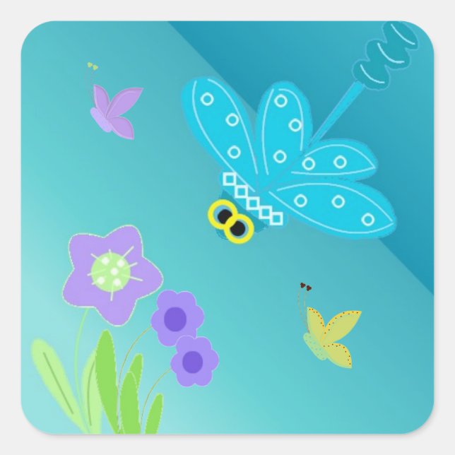 Cartoon Dragonfly mit Blume Quadratischer Aufkleber (Vorderseite)