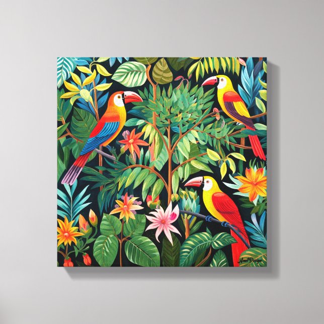Cartoon drei Vögel im Dschungel Kunst Leinwanddruck (Vorderseite)