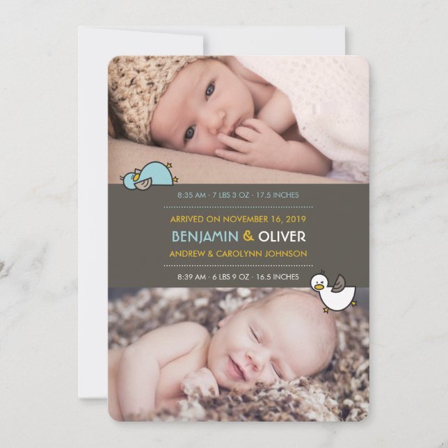 Cartoon Ducks Baby Boys Twins Geburtsankündigung Ankündigung (Vorderseite)
