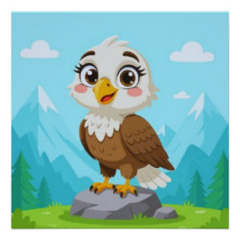 Cartoon Eagle on Rock – Cute Vector Character Poster