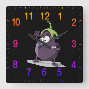 Cartoon eggplant with big eyes green hair 2 quadratische wanduhr