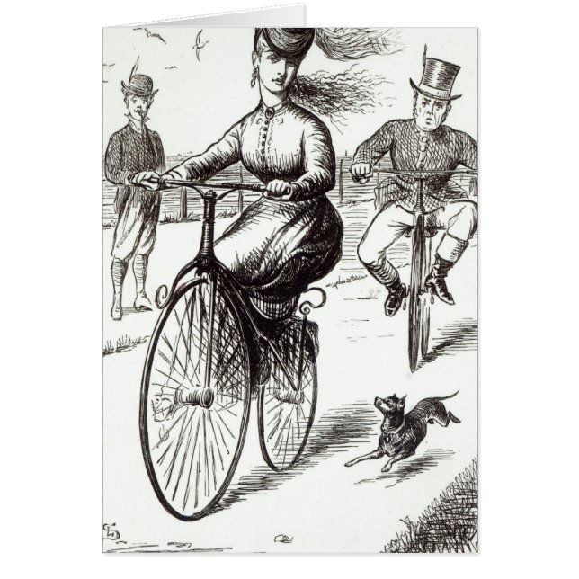 Cartoon einer Dame auf einem Velocipede, 1869 (Vorne)