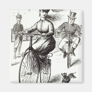 Cartoon einer Dame auf einem Velocipede, 1869 Magnet