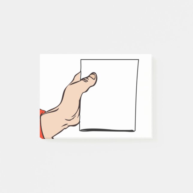 Cartoon einer Hand, die eine Anmerkung hält Post-it Klebezettel (Vorderseite)