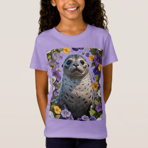 Cartoon einer Seehund von Veilchen umgeben T-Shirt
