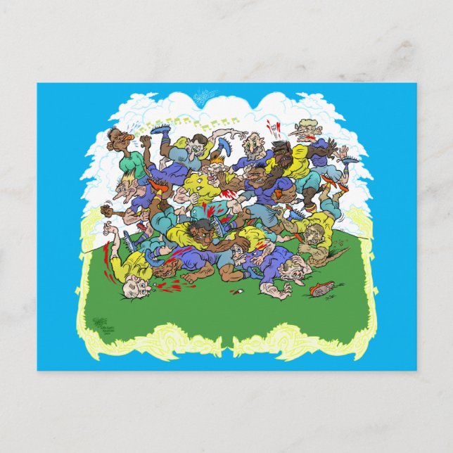 Cartoon eines Rugby-Spiels. Postkarte (Vorderseite)