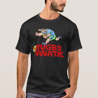 Cartoon eines Rugbyspielers auf einem schwarzen T-Shirt