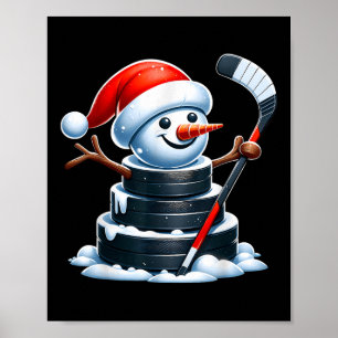 Cartoon Eishockey Puck Snowman mit Weihnachtsmannm Poster