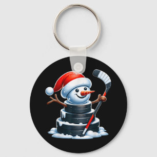 Cartoon Eishockey Puck Snowman mit Weihnachtsmannm Schlüsselanhänger