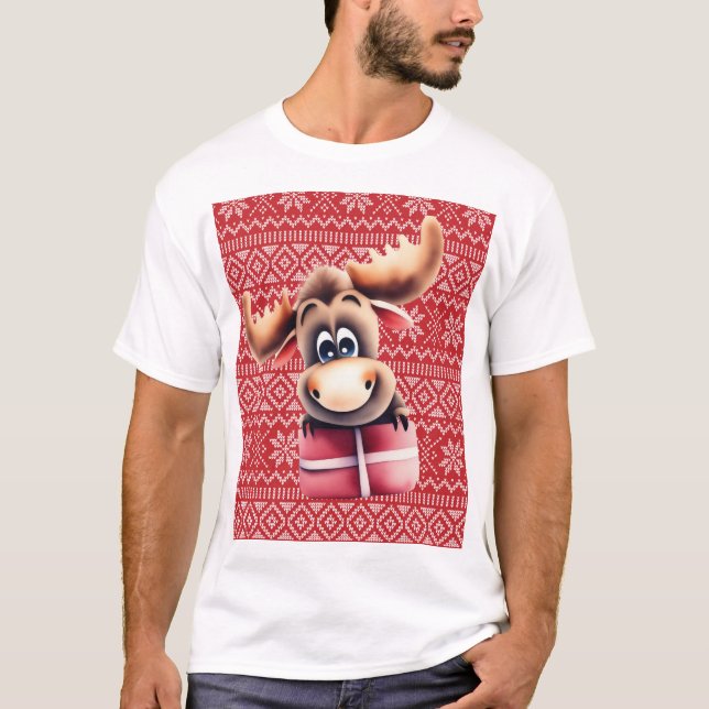 Cartoon Elch mit Weihnachtsgeschenk T-Shirt (Vorderseite)