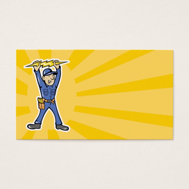 Cartoon Electrician hält Elektrizitätsblitz (Vorderseite)