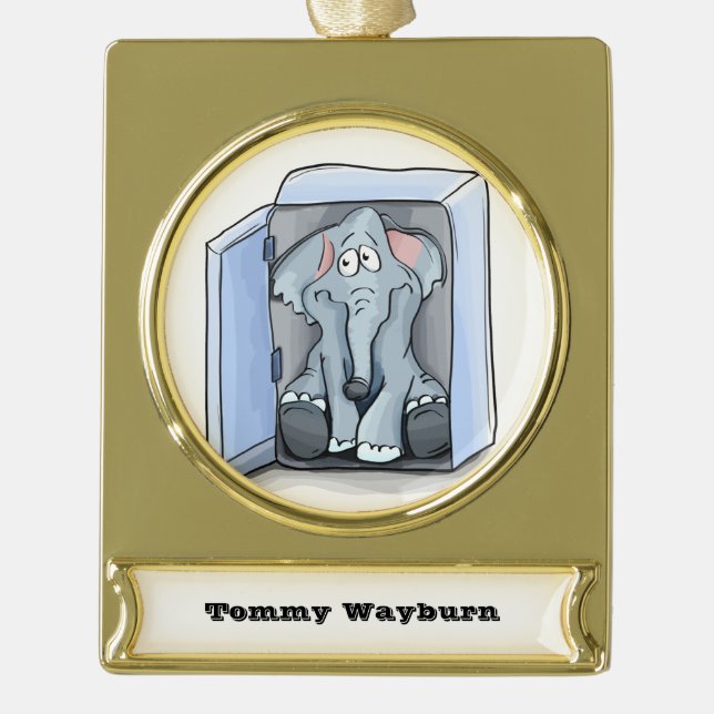 Cartoon Elefant sitzend in einem Kühlschrank Banner-Ornament Gold (Vorderseite)
