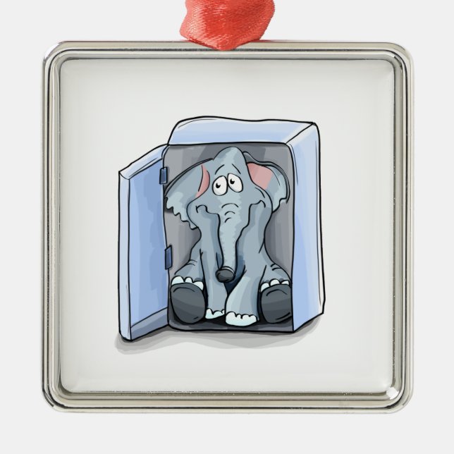 Cartoon Elefant sitzend in einem Kühlschrank Silbernes Ornament (Vorne)