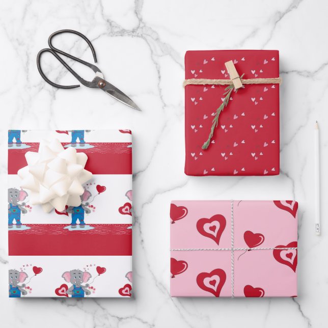 Cartoon Elephant | Rosa Rote Herzen Valentinstag Geschenkpapier Set (Vorderseite)