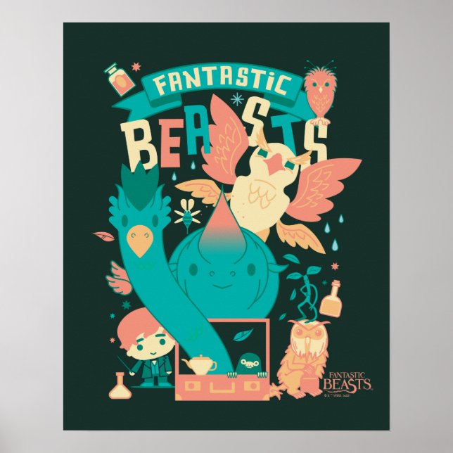 Cartoon Fantastische Bestien mit Newt Scamander Poster (Vorne)