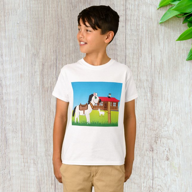 Cartoon Farm Szene mit Pferdekatze und Ziege T-Shirt (Von Creator hochgeladen)