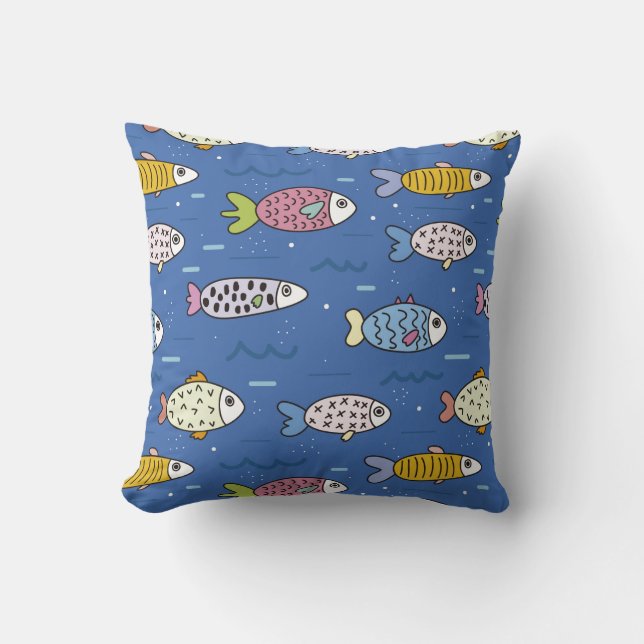 Cartoon Fisch Muster blaues multicolares Meer Kissen (Vorderseite)