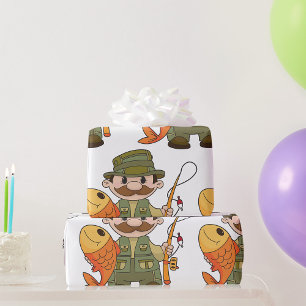 Cartoon Fischer mit großer Fangflotte Geschenkpapier