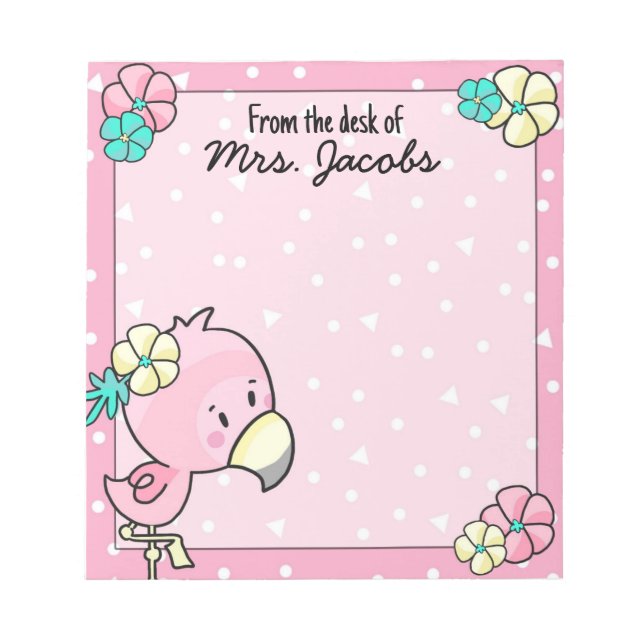 Cartoon Flamingo mit Blume Lehrer Notizblock (Vorderseite)