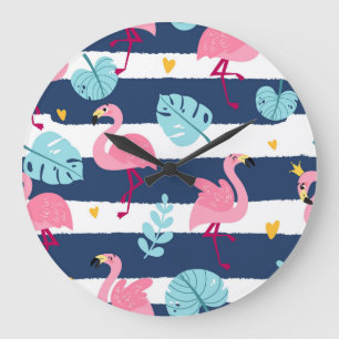 Cartoon Flamingos: Sommer tropisch Vintag. Große Wanduhr