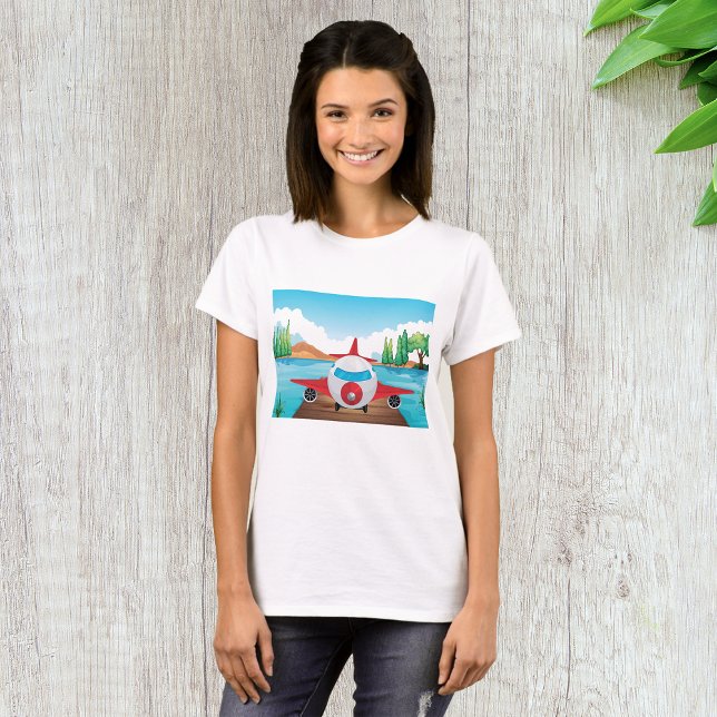 Cartoon Flugzeug auf See Dock Vergnügen Reiseabent T-Shirt (Von Creator hochgeladen)