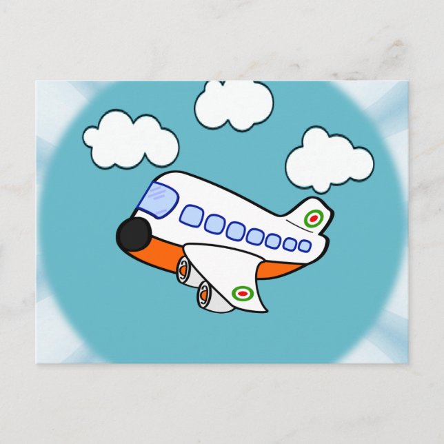 Cartoon-Flugzeug in den Wolken mit Postkarte (Vorderseite)