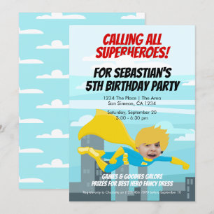 Cartoon Flying Superhero Comic Geburtstagsparty Einladung