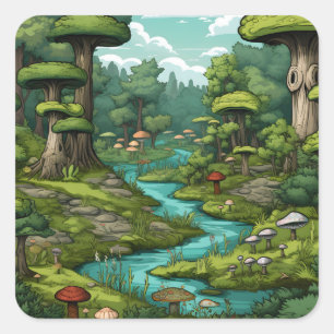 Cartoon Forest Dreamscape Quadratischer Aufkleber