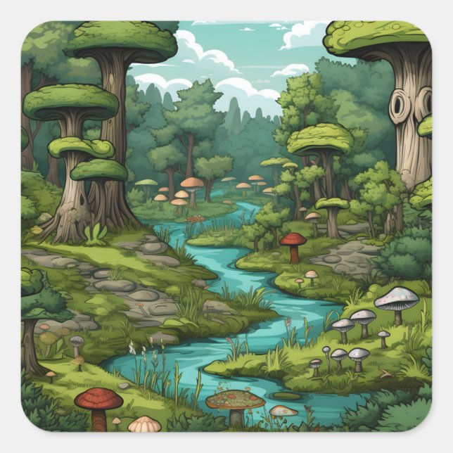 Cartoon Forest Dreamscape Quadratischer Aufkleber (Vorderseite)
