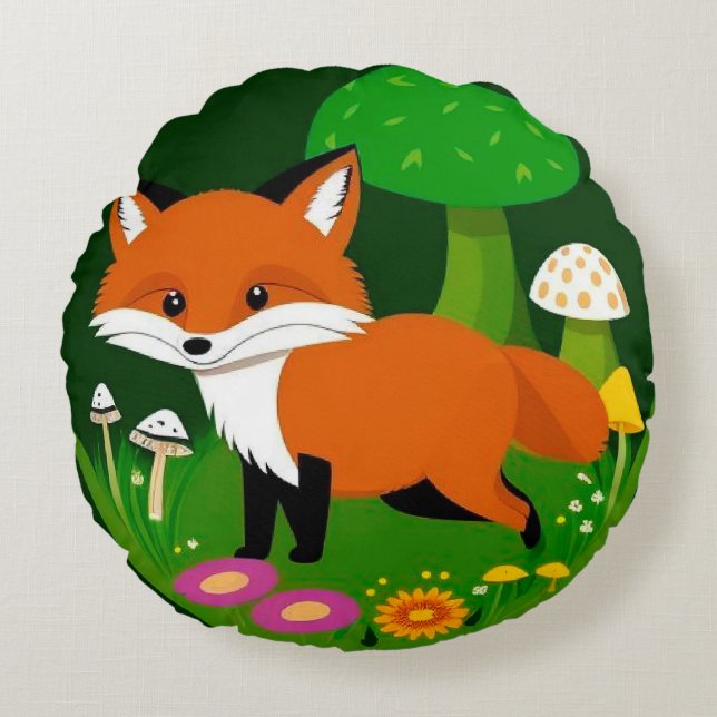 Cartoon Fox in einem Wald Rundes Kissen (Vorderseite)