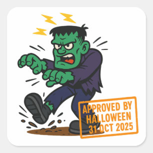 Cartoon Frankenstein - Von Halloween genehmigt Quadratischer Aufkleber