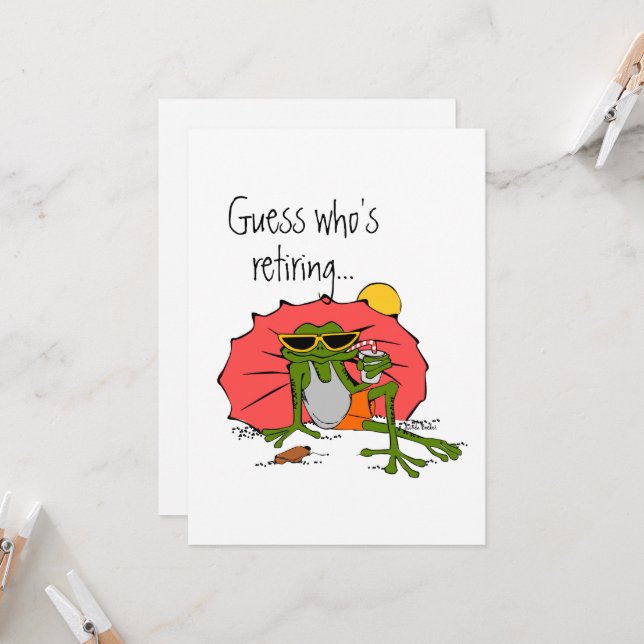 Cartoon Frog beim Beach Rentirement Party Einladung (Vorderseite/Rückseite Beispiel)