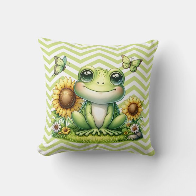 Cartoon Frog Green Zickzack Kissen (Vorderseite)