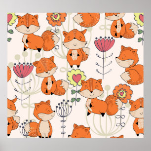 Cartoon Fuchs, Blume: Vintag handgezeichnet Muster Poster