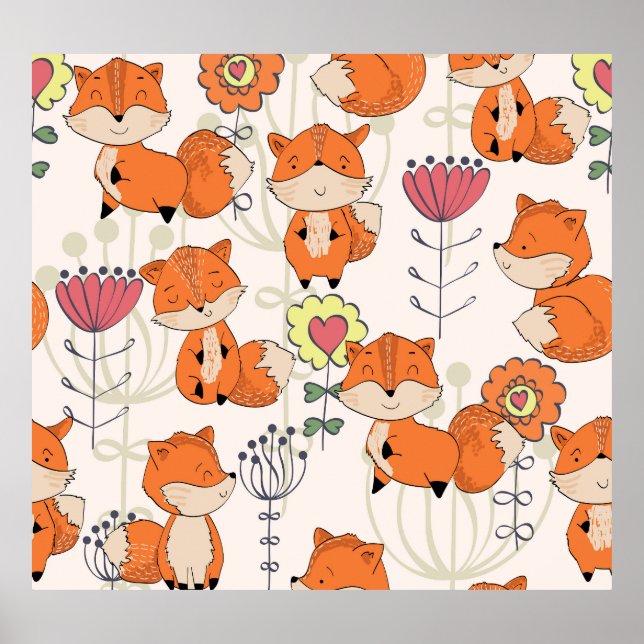 Cartoon Fuchs, Blume: Vintag handgezeichnet Muster Poster (Vorne)