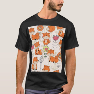 Cartoon Fuchs, Blume: Vintag handgezeichnet Muster T-Shirt