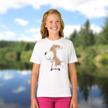 Cartoon Funny Dog Puppy Kick Scooter Girl T - Shir