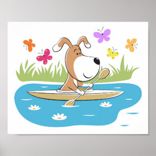 Cartoon Funny Dog Welpe Kayaking Kayak Wassersport Poster