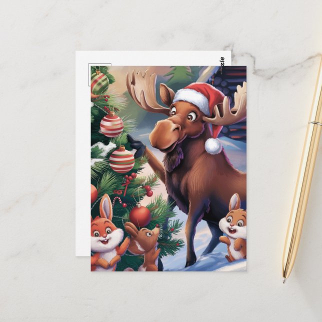 Cartoon Funny Moose Dekorieren des Weihnachtsbaume Postkarte (Vorderseite/Rückseite Beispiel)