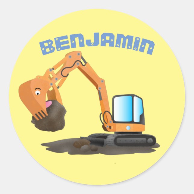 Cartoon für niedlich-orange-Bagger Runder Aufkleber (Vorderseite)