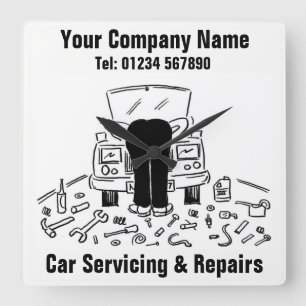 Cartoon für Wartung und Reparatur von Kraftfahrze Quadratische Wanduhr