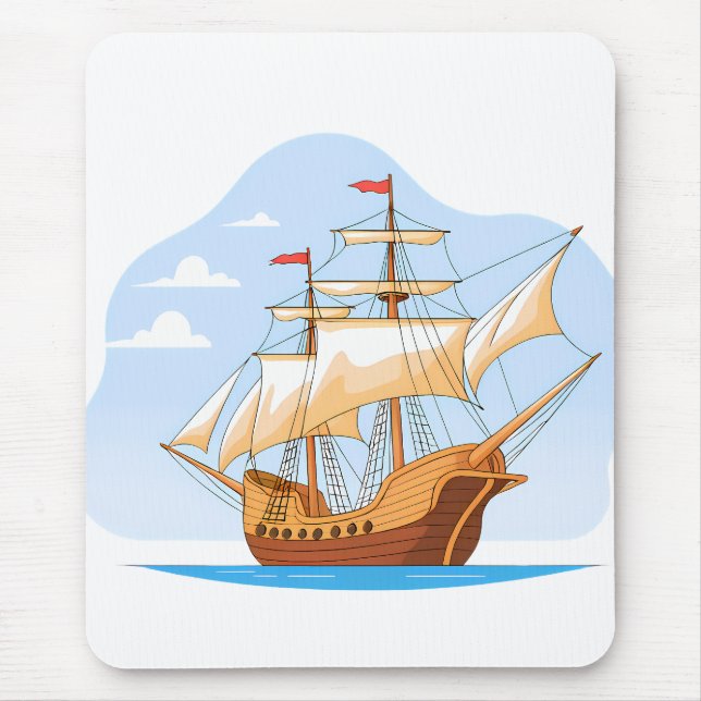 Cartoon Galleon Sailing on Blue Water Mousepad (Vorne)