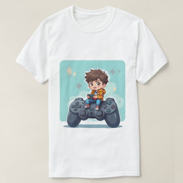 Cartoon Gamer Kid Sitting on PlayStation Control T-Shirt (Design vorne)
