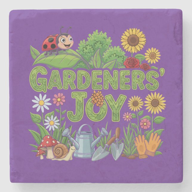 Cartoon "Gardeners' Joy" in Farben und Whimsical Steinuntersetzer (Vorderseite)