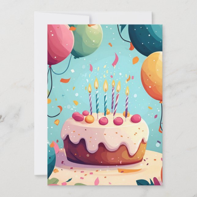 Cartoon Geburtstagskuchen, Kerzen & Balloons Gebur Einladung (Vorderseite)