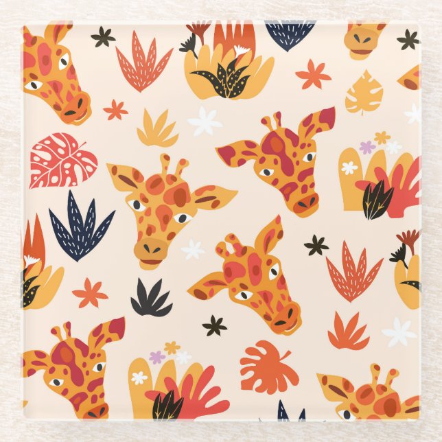 Cartoon Giraffe: BlumenSavanna Muster Glasuntersetzer (Vorderseite)