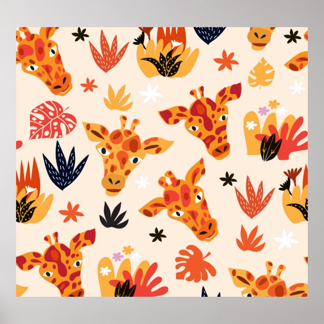 Cartoon Giraffe: BlumenSavanna Muster Poster (Vorne)