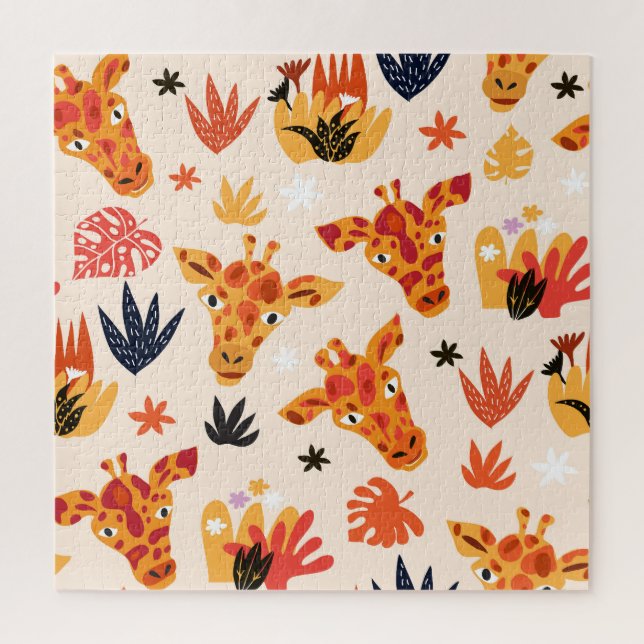Cartoon Giraffe: BlumenSavanna Muster Puzzle (Vertikal)