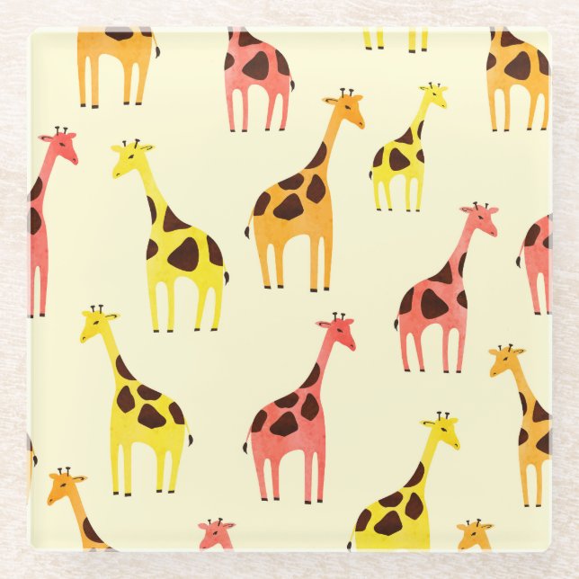 Cartoon Giraffe: Farbiges Vintages Muster. Glasuntersetzer (Vorderseite)