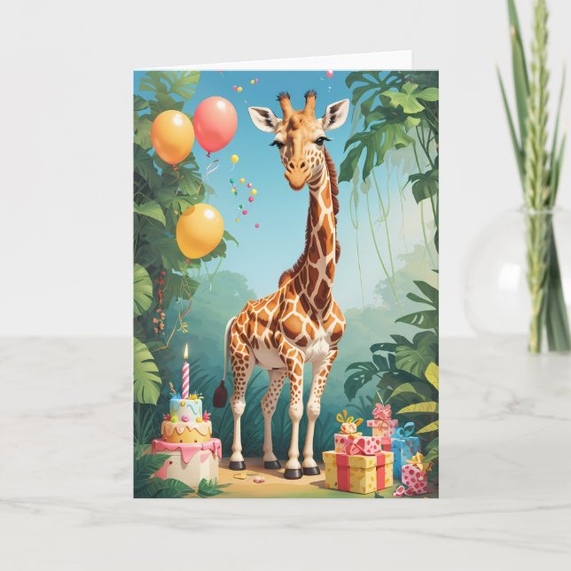 Cartoon Giraffe mit Balloons & Cake| Karte (Vorderseite)